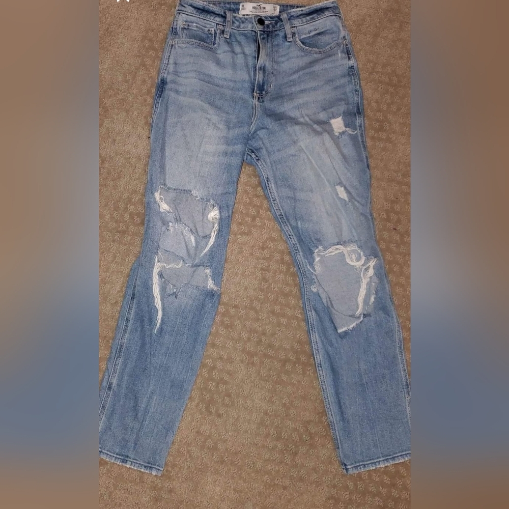Hollister Blue Curvy High Rise Mom Jeans with Distressed Details